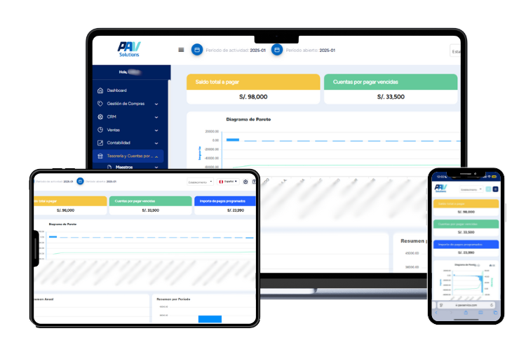 Pantallas del módulo de Dirección y Gerencia del ERP PAV Solutions en laptop, tablet y celular, con paneles de indicadores clave para toma de decisiones estratégicas