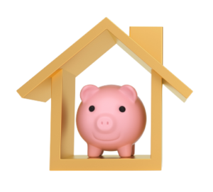Alcancía en forma de cerdito dentro de una estructura de casa representando el módulo de Activos Fijos del ERP PAV Solutions, con control de bienes, depreciación y cumplimiento contable