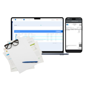 Documentos y pantallas de laptop y celular representando el módulo de Facturación del ERP PAV Solutions, con emisión de comprobantes electrónicos y control de ingresos