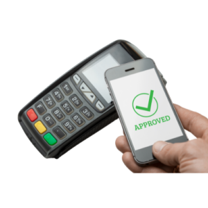 Terminal de pago y celular con mensaje de aprobación representando el módulo de Cobranza del ERP PAV Solutions, con control de cuentas por cobrar y registros bancarios