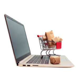 Carrito de compras con paquetes ingresando a laptop representando el módulo de Compras del ERP PAV Solutions, con automatización de órdenes, control de proveedores y optimización de costos
