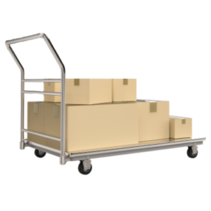 Carro de almacén con cajas representando el módulo de Almacenes del ERP PAV Solutions, con control de stock, recepción, almacenamiento y distribución de productos