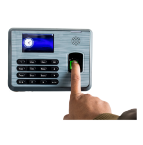 Dispositivo biométrico de asistencia con lector de huella representando el módulo de Asistencia del ERP PAV Solutions, con control de horarios, turnos y reportes de personal