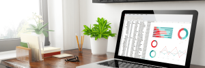 Pantalla con gráfico de sueldos en laptop – ERP para cálculo de planillas